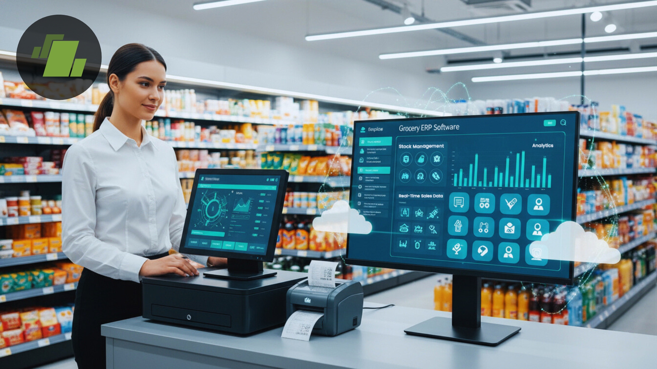 Multi-chain supermarket management dashboard powered by grocery ERP software with inventory, POS, and analytics modules